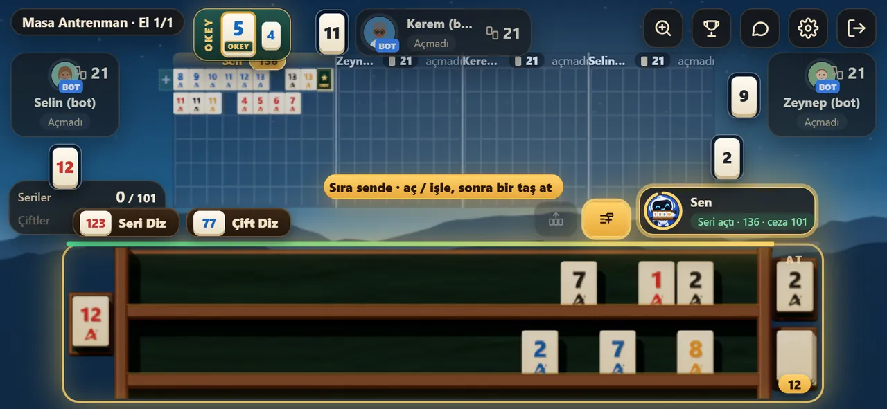 Yeşil Okey telefonda yatay ekran